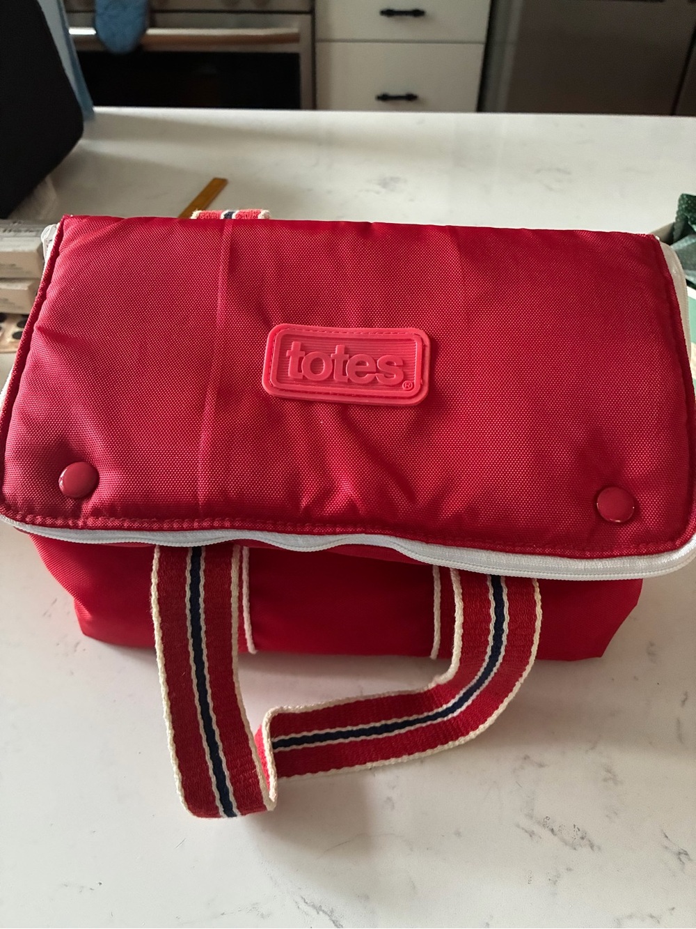 totes Red Travel Lunch Tote with Striped Handles